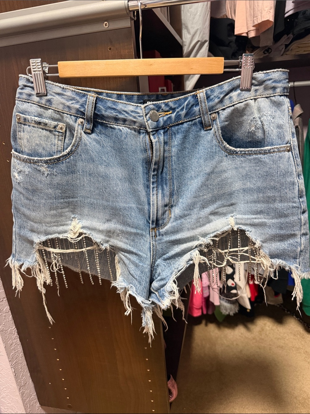 Blue Revival Light Wash Distressed Denim Shorts with Fringe and Crystal Trim 29